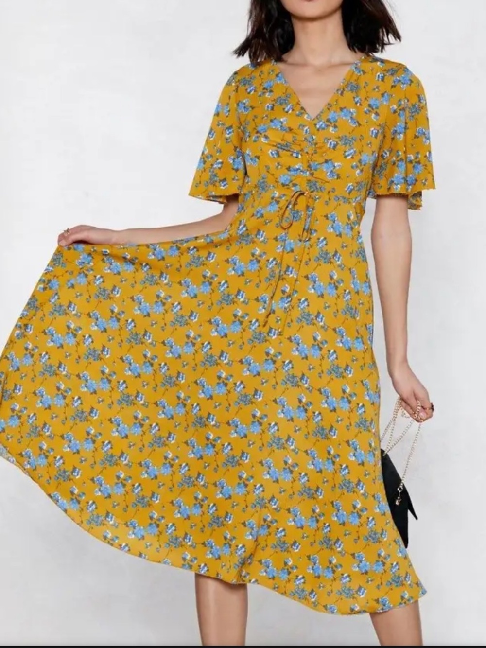 Nasty Gal Mustard Yellow Floral V-Neck Midi Dress